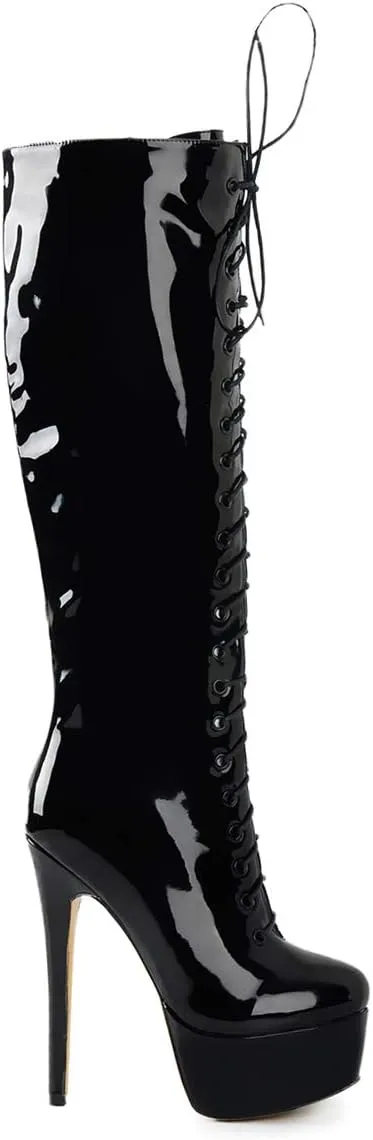 Richealnana Women's Platform Lace Up Stiletto High Heels Knee High Boots