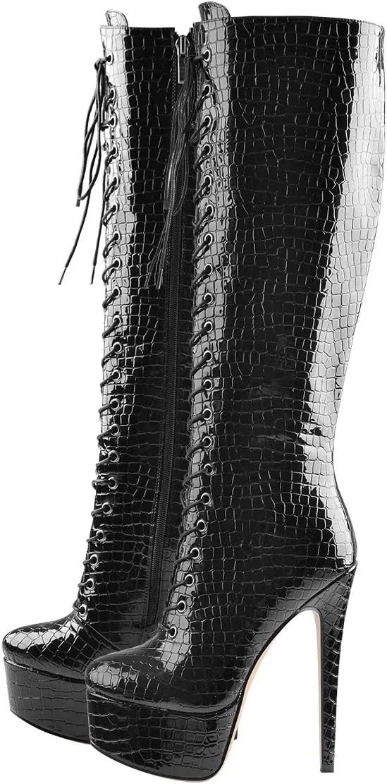 Richealnana Women's Platform Lace Up Stiletto High Heels Knee High Boots