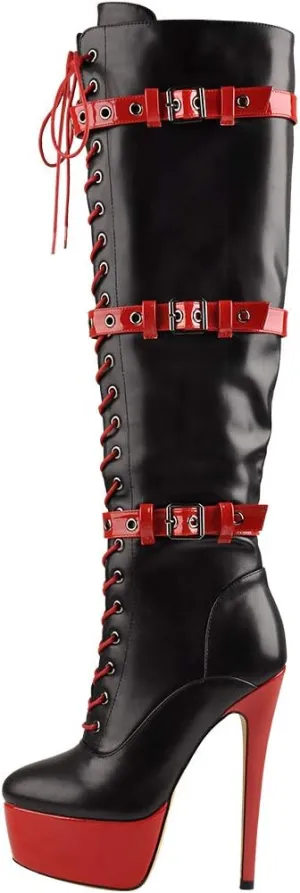 Richealnana Women's Platform Lace Up Stiletto High Heels Knee High Boots