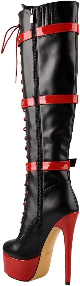 Richealnana Women's Platform Lace Up Stiletto High Heels Knee High Boots