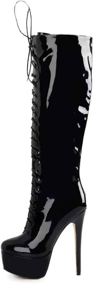 Richealnana Women's Platform Lace Up Stiletto High Heels Knee High Boots