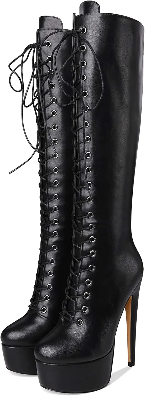 Richealnana Women's Platform Lace Up Stiletto High Heels Knee High Boots