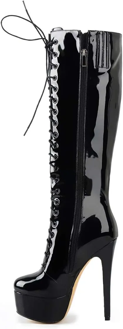 Richealnana Women's Platform Lace Up Stiletto High Heels Knee High Boots