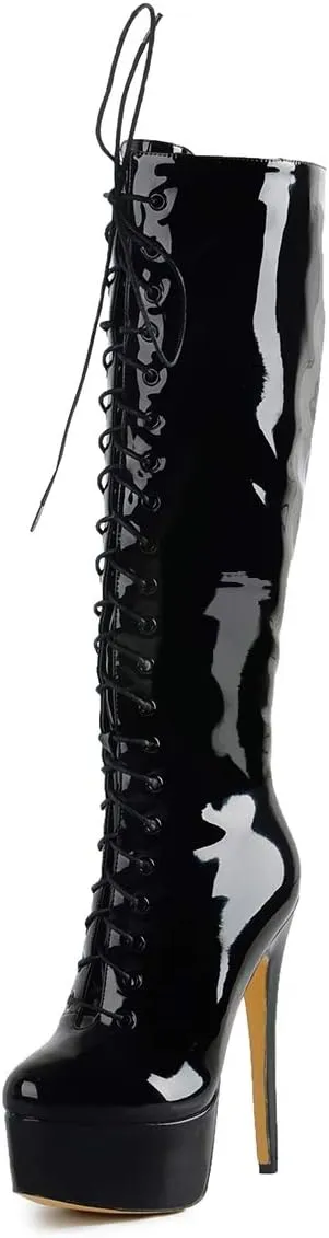 Richealnana Women's Platform Lace Up Stiletto High Heels Knee High Boots