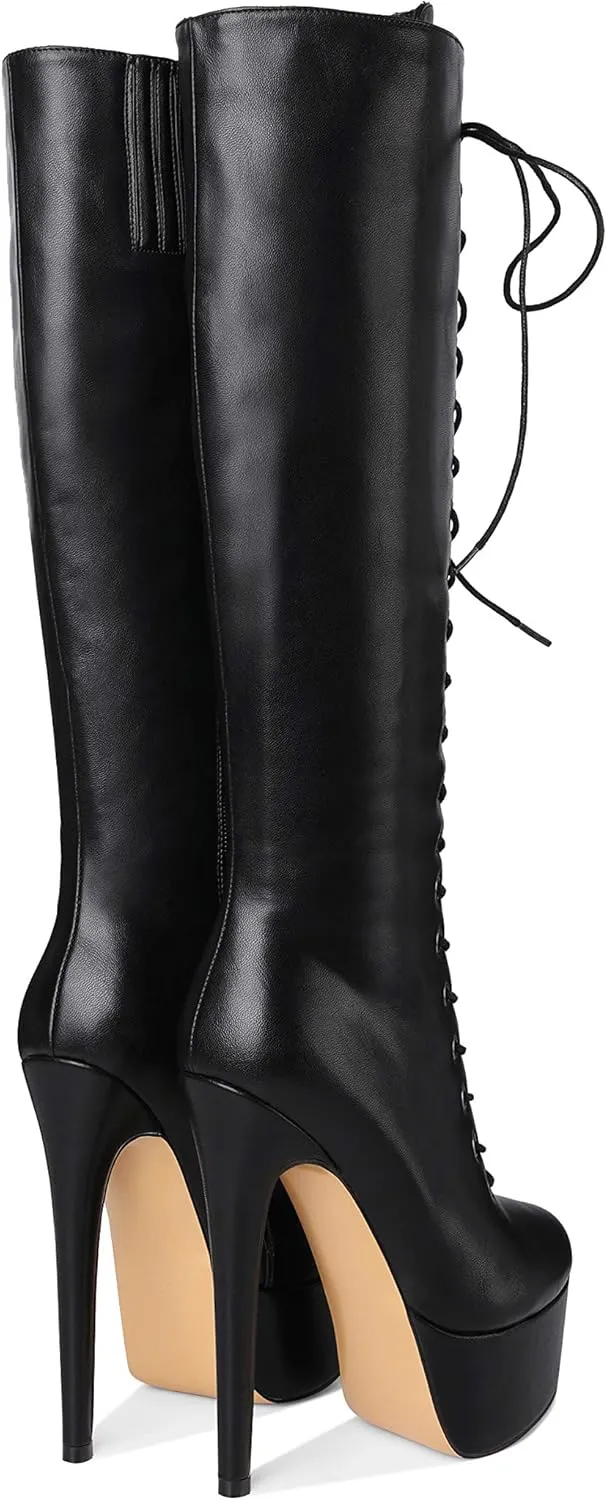 Richealnana Women's Platform Lace Up Stiletto High Heels Knee High Boots