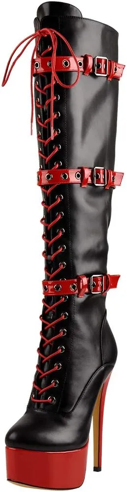 Richealnana Women's Platform Lace Up Stiletto High Heels Knee High Boots