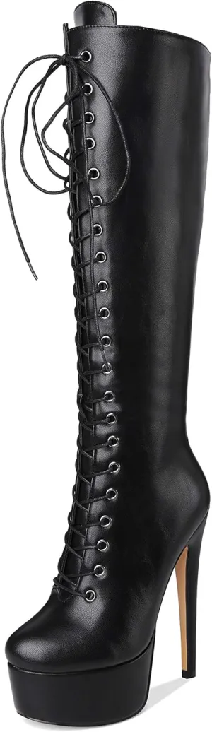 Richealnana Women's Platform Lace Up Stiletto High Heels Knee High Boots