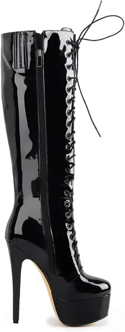 Richealnana Women's Platform Lace Up Stiletto High Heels Knee High Boots