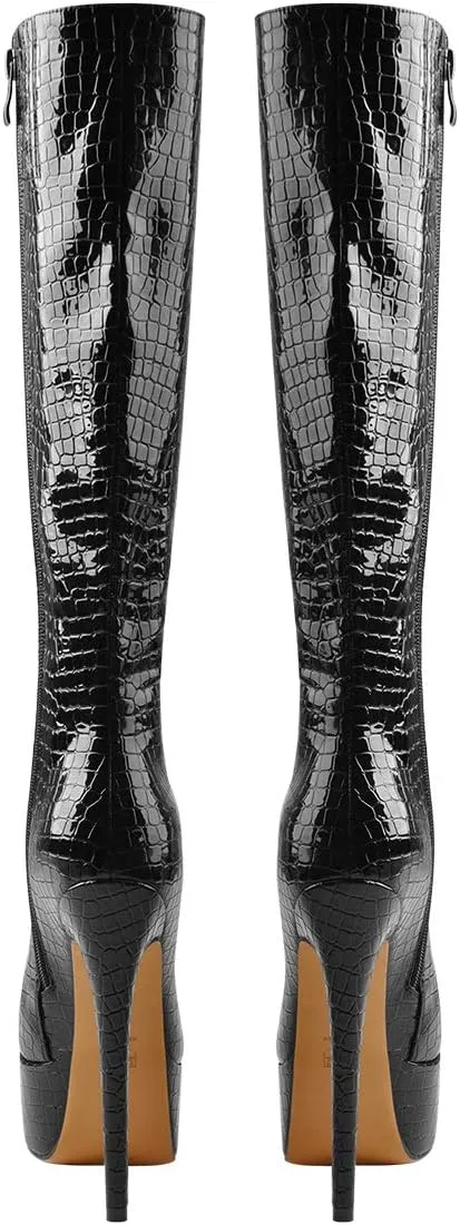 Richealnana Women's Platform Lace Up Stiletto High Heels Knee High Boots