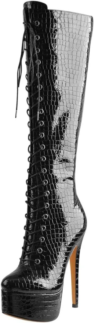 Richealnana Women's Platform Lace Up Stiletto High Heels Knee High Boots