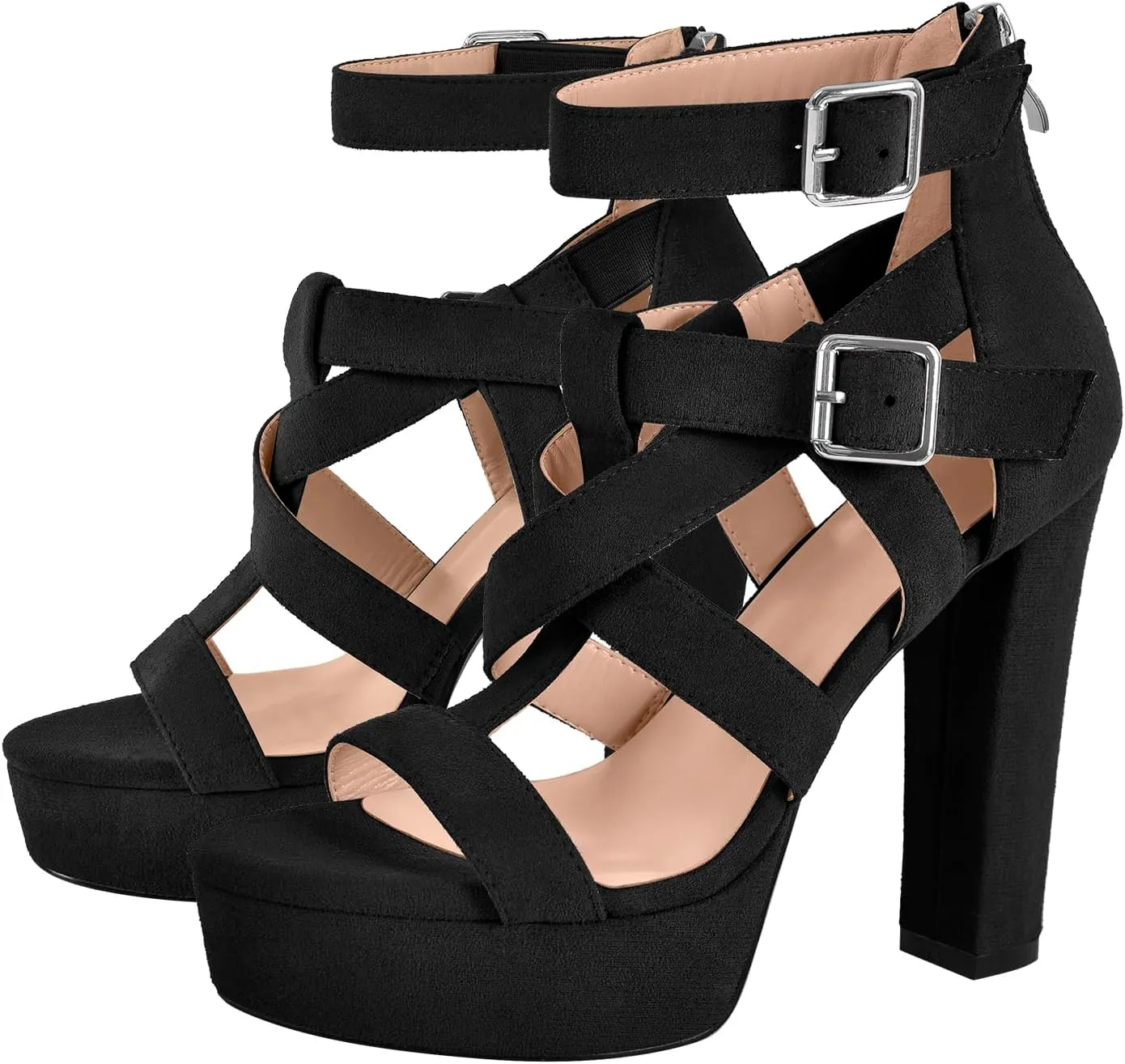 richealnini Platform High Heels Block Heeled Sandals with Zippers Ankle Strappy Heels