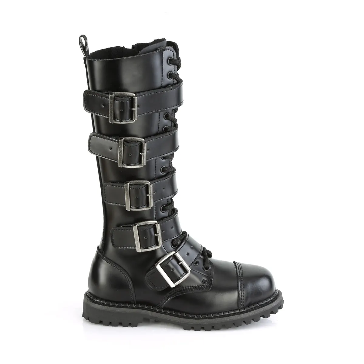 Riot-18BK 5 Buckles Leather Combat Boots (Unisex)