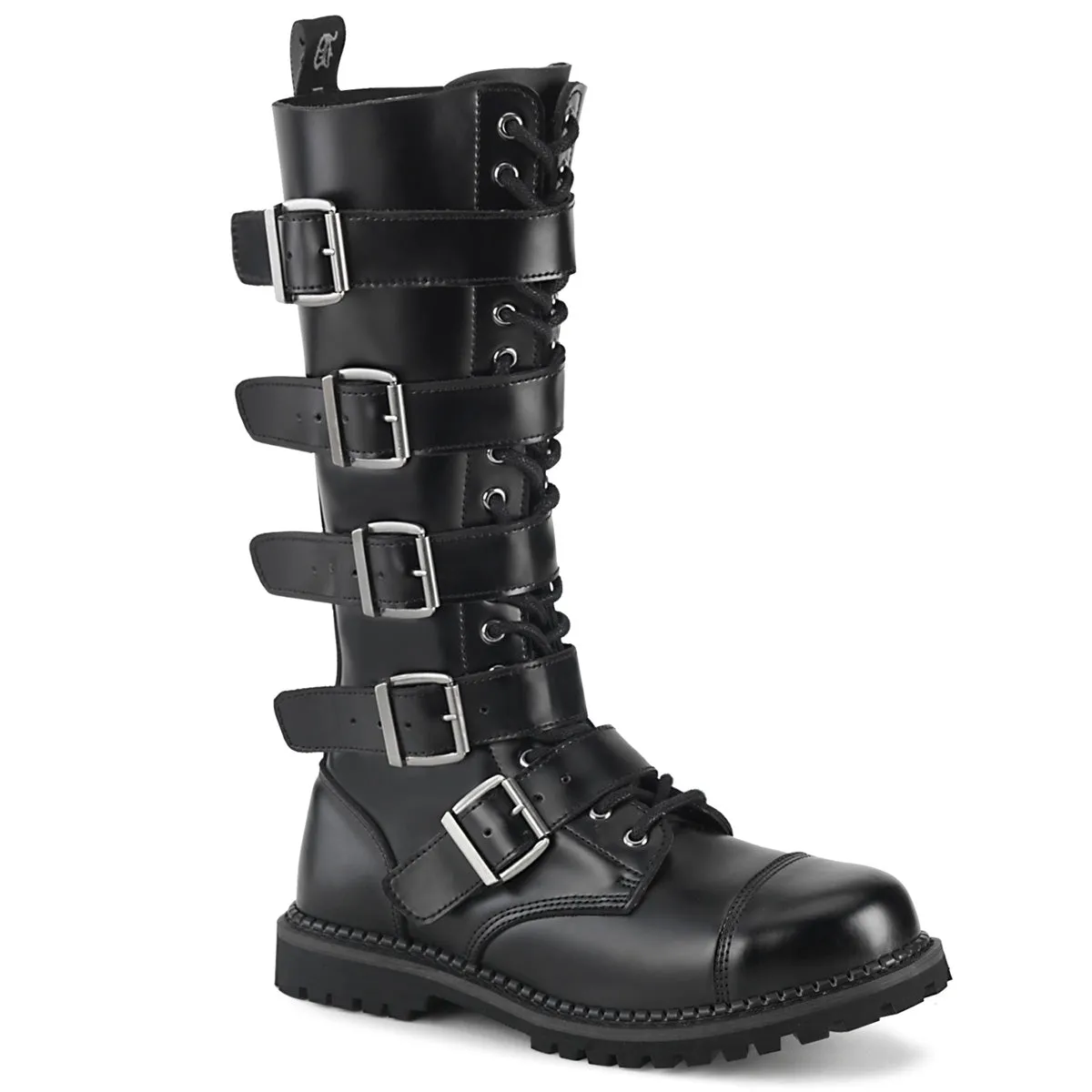 Riot-18BK 5 Buckles Leather Combat Boots (Unisex)