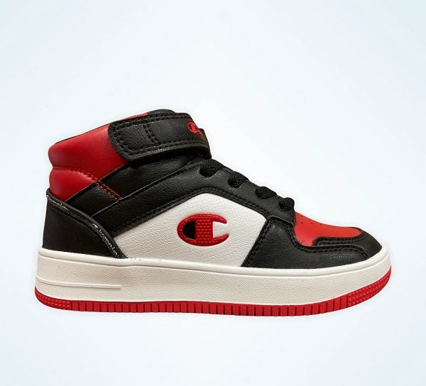 Wide base stability loose fit shoes Champion scarpa sneakers da ragazzi Rebound 2.0 Mid S32262-CHA-KK001 nero bianco rosso