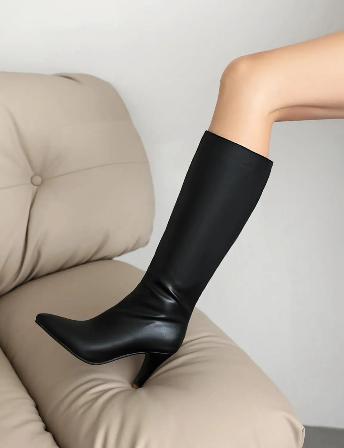 Roimaash Women Elegant Dress Boots Knee High Zipper Thin High Heels
