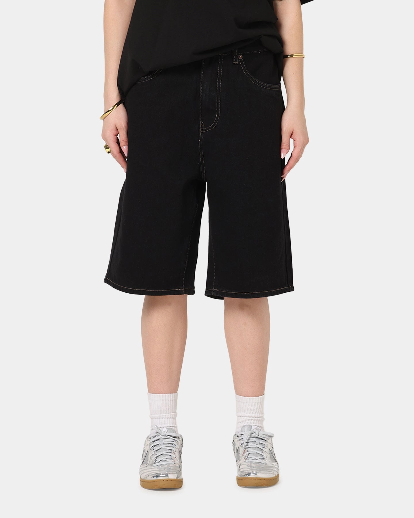 S Double Denim Standard Shorts Black Rinse Training Comfort Easy Motion