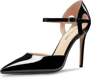 Saekcted Womens Stiletto High Heel Pointed Toe Pumps Ankle Strap Patchwork Party Cute Patent Leather 3.9 Inches Heels