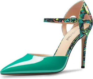 Saekcted Womens Stiletto High Heel Pointed Toe Pumps Ankle Strap Patchwork Party Cute Patent Leather 3.9 Inches Heels