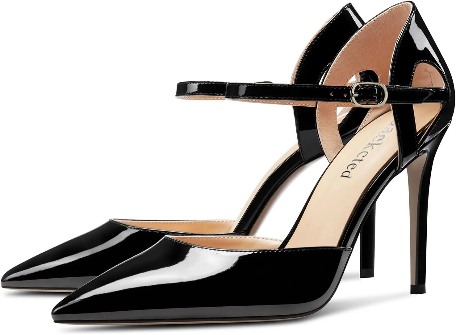 Saekcted Womens Stiletto High Heel Pointed Toe Pumps Ankle Strap Patchwork Party Cute Patent Leather 3.9 Inches Heels