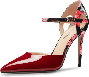 Saekcted Womens Stiletto High Heel Pointed Toe Pumps Ankle Strap Patchwork Party Cute Patent Leather 3.9 Inches Heels