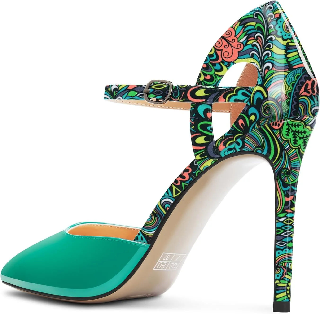 Saekcted Womens Stiletto High Heel Pointed Toe Pumps Ankle Strap Patchwork Party Cute Patent Leather 3.9 Inches Heels