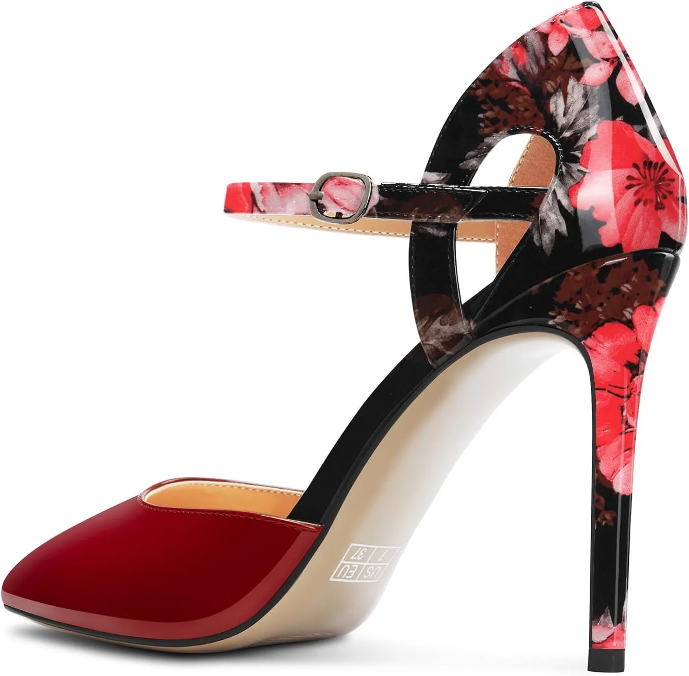 Saekcted Womens Stiletto High Heel Pointed Toe Pumps Ankle Strap Patchwork Party Cute Patent Leather 3.9 Inches Heels