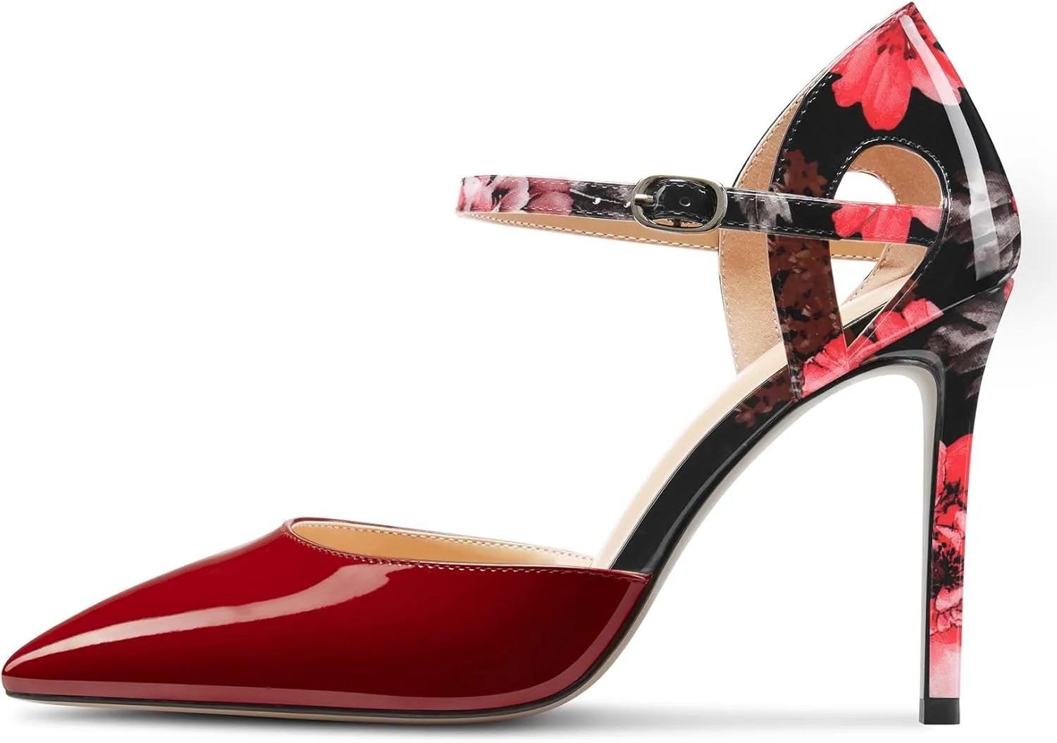 Saekcted Womens Stiletto High Heel Pointed Toe Pumps Ankle Strap Patchwork Party Cute Patent Leather 3.9 Inches Heels