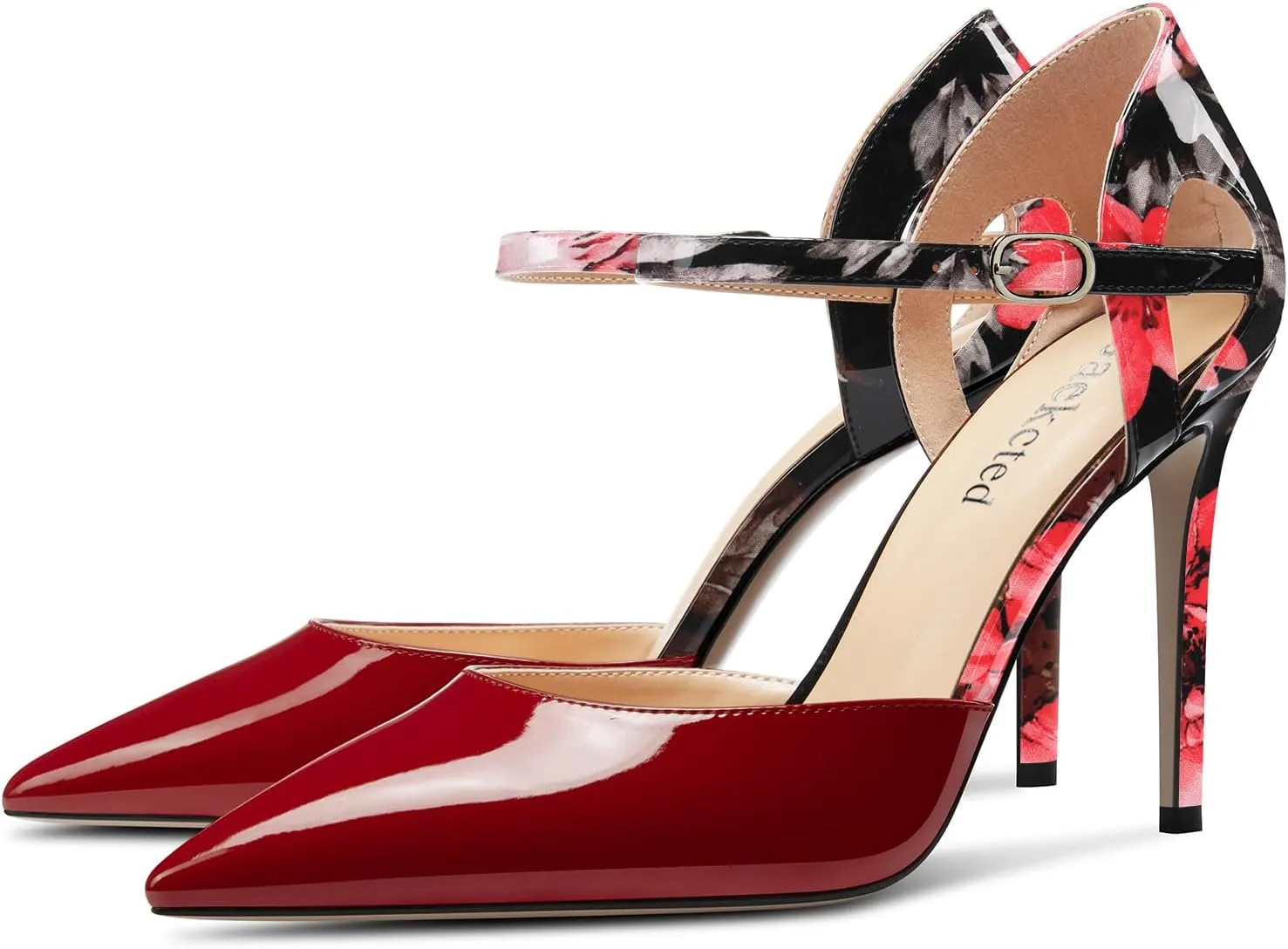 Saekcted Womens Stiletto High Heel Pointed Toe Pumps Ankle Strap Patchwork Party Cute Patent Leather 3.9 Inches Heels