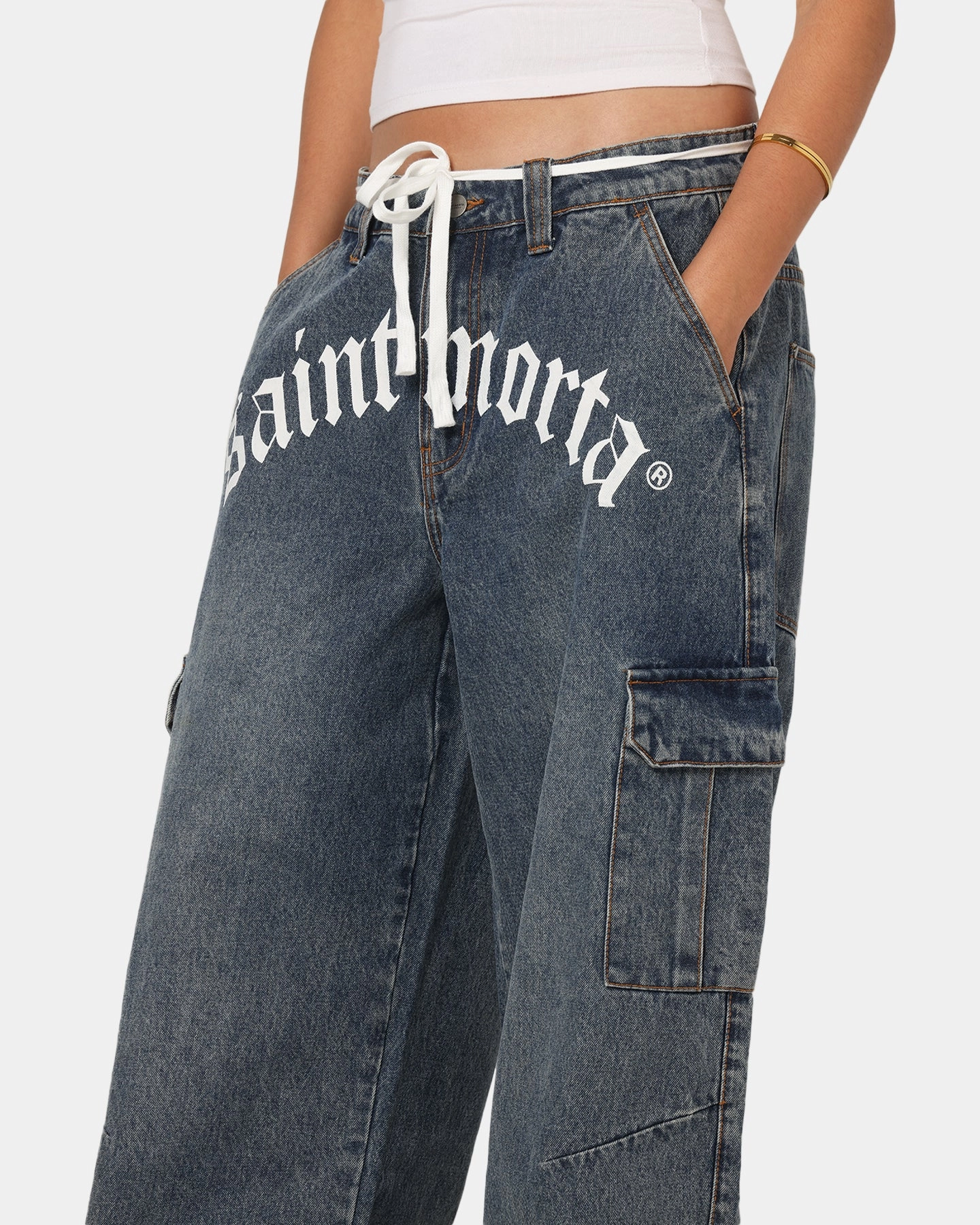 Trendy Cut Quick Fit Design Saint Morta Gothic Denim Cargo Pants Dirty Denim