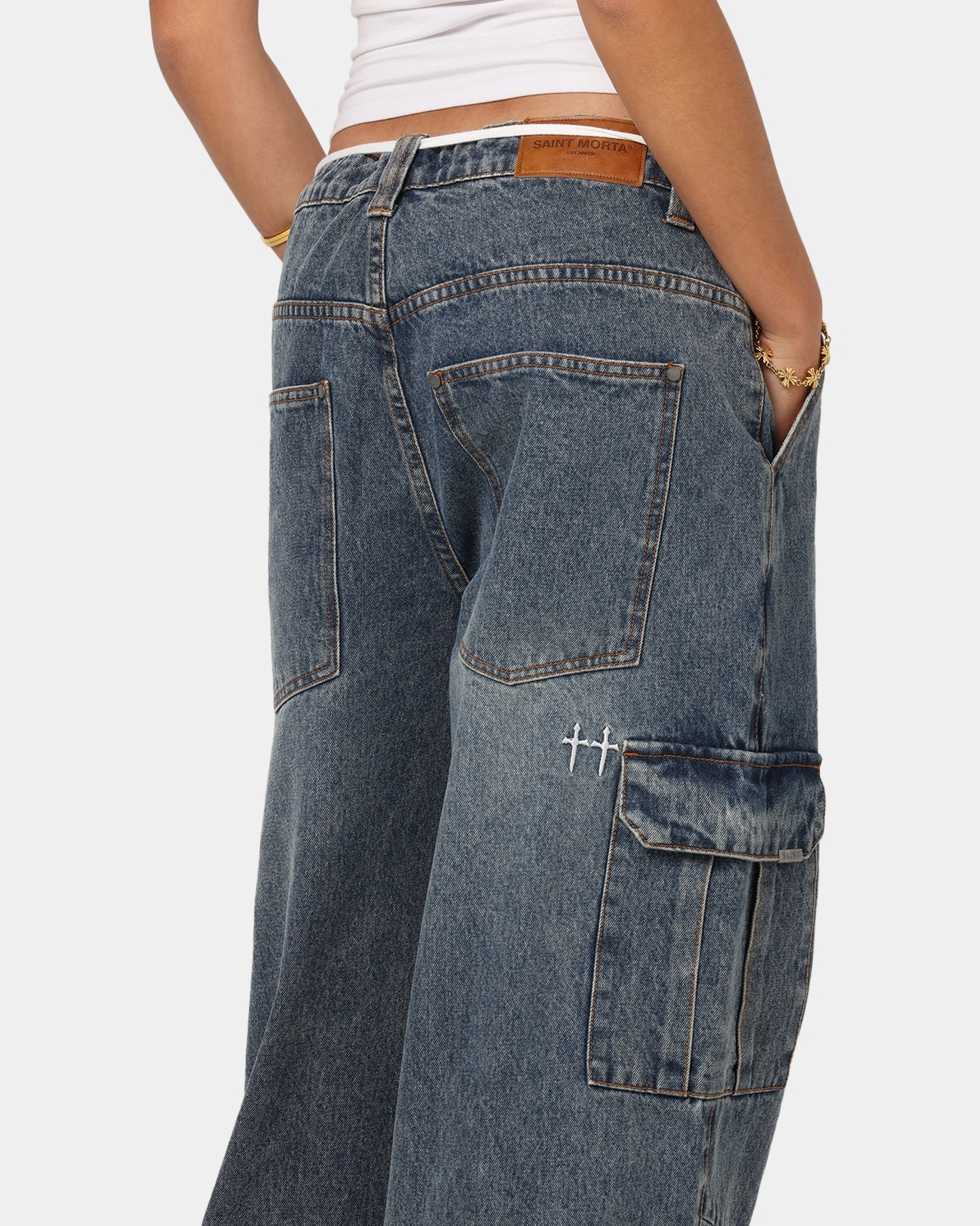 Trendy Appeal Timeless Comfort Saint Morta Gothic Denim Cargo Pants Dirty Denim