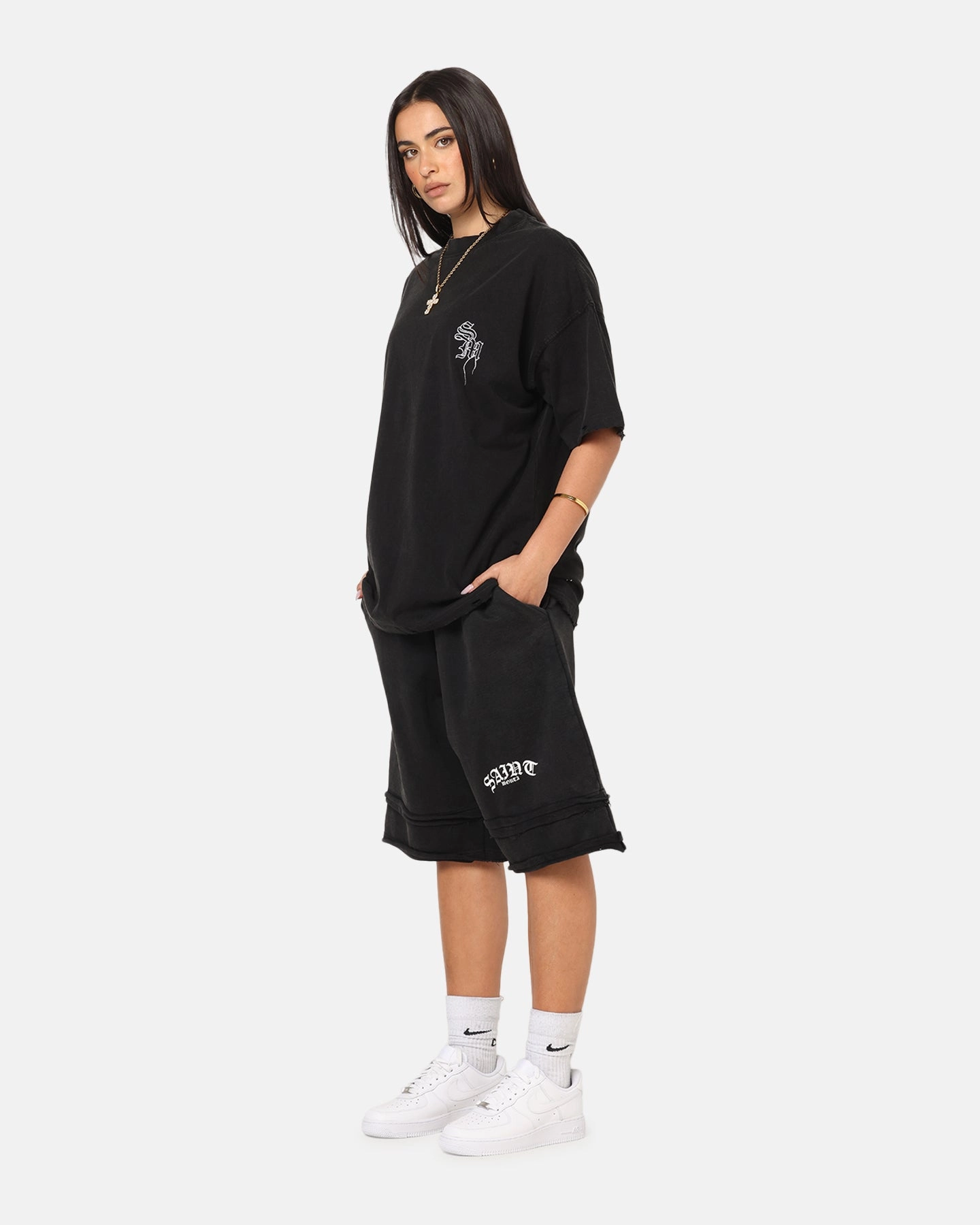 Saint Morta Gothic Layered Sweat Shorts Black Formal Look