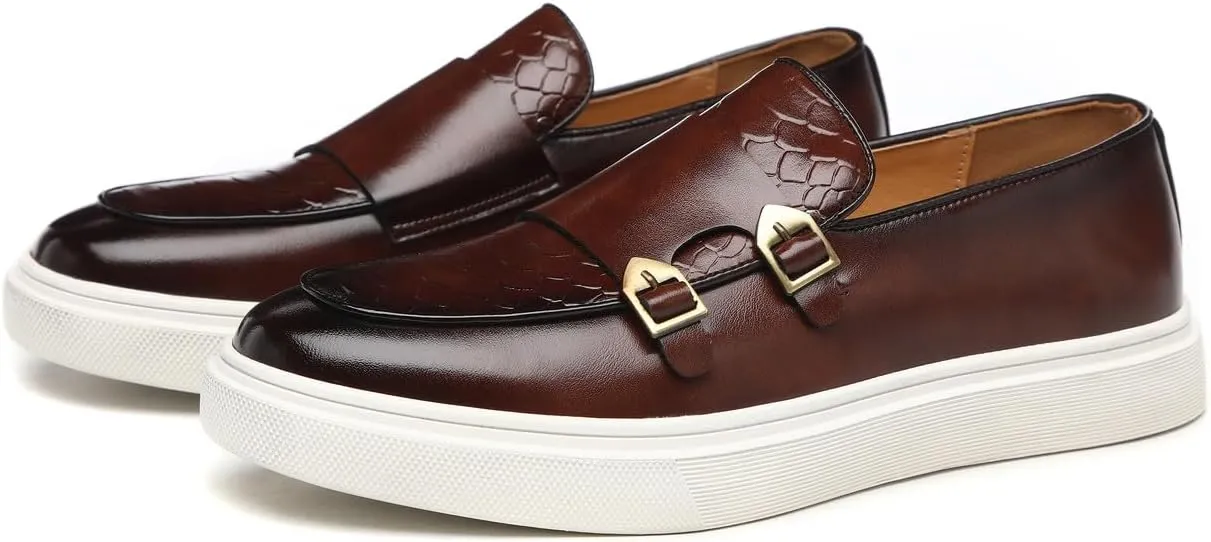 Santimon Men's Monk Strap Buckle Loafers Slip-on Flat Chunky Sole Casual Dress Shoes