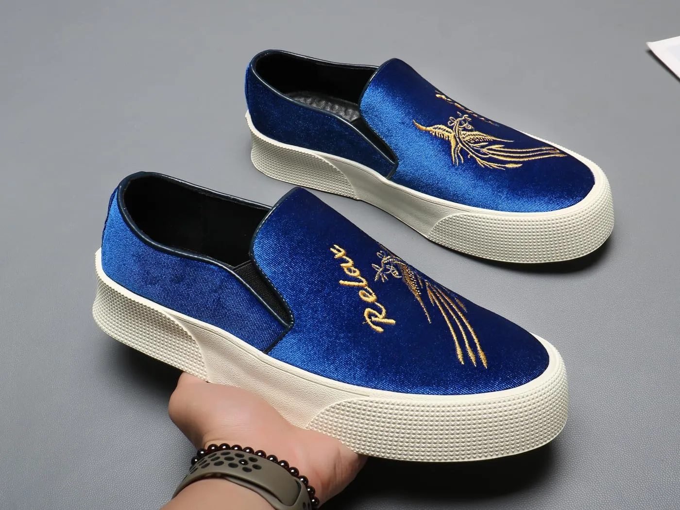 Santimon Men's Velvet Loafers Embroidery Phoenix Relax Chunky Sole Slip On Shoes