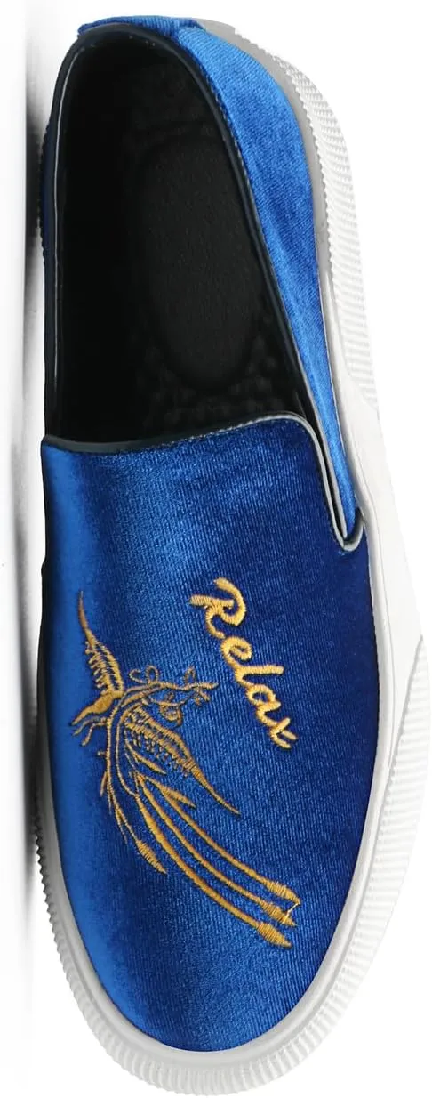 Santimon Men's Velvet Loafers Embroidery Phoenix Relax Chunky Sole Slip On Shoes