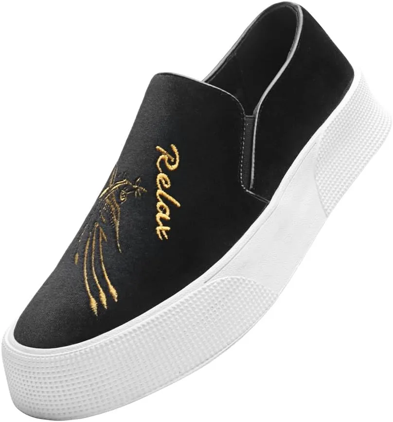 Santimon Men's Velvet Loafers Embroidery Phoenix Relax Chunky Sole Slip On Shoes