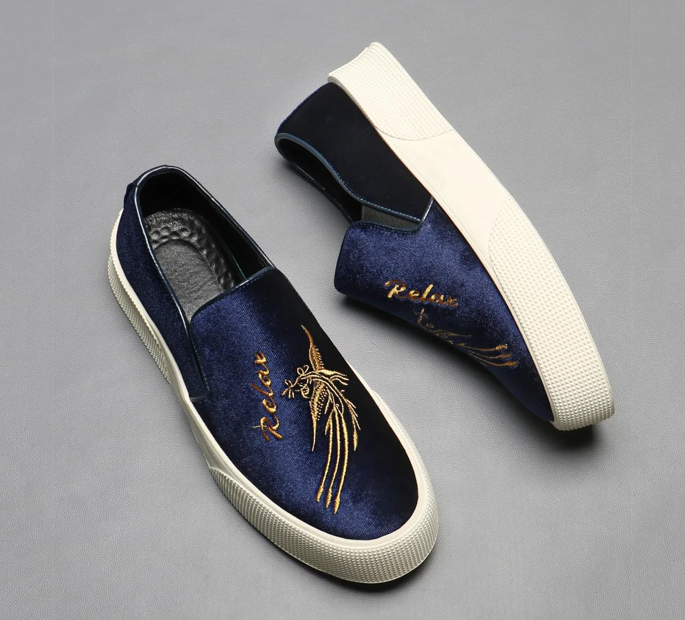 Santimon Men's Velvet Loafers Embroidery Phoenix Relax Chunky Sole Slip On Shoes