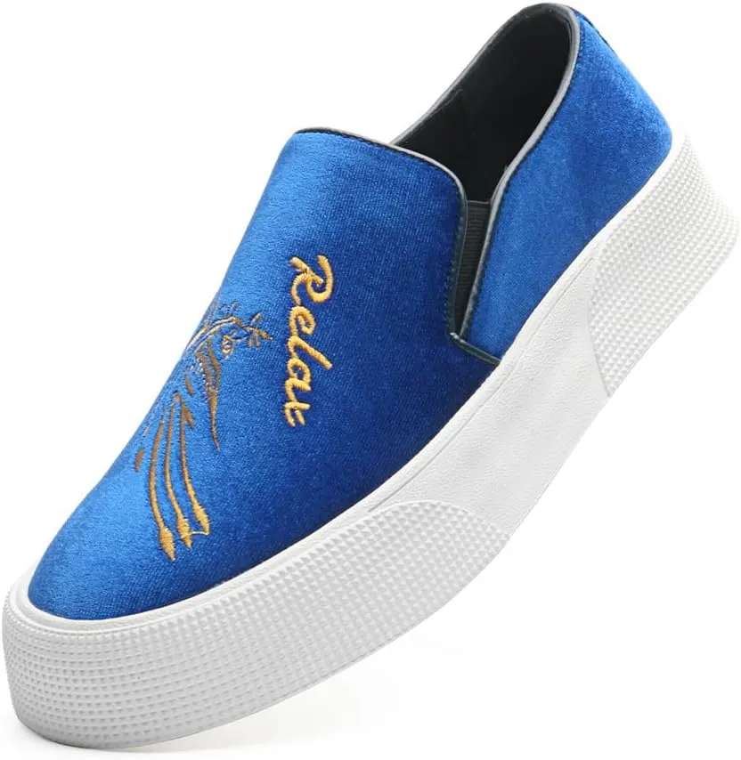 Santimon Men's Velvet Loafers Embroidery Phoenix Relax Chunky Sole Slip On Shoes