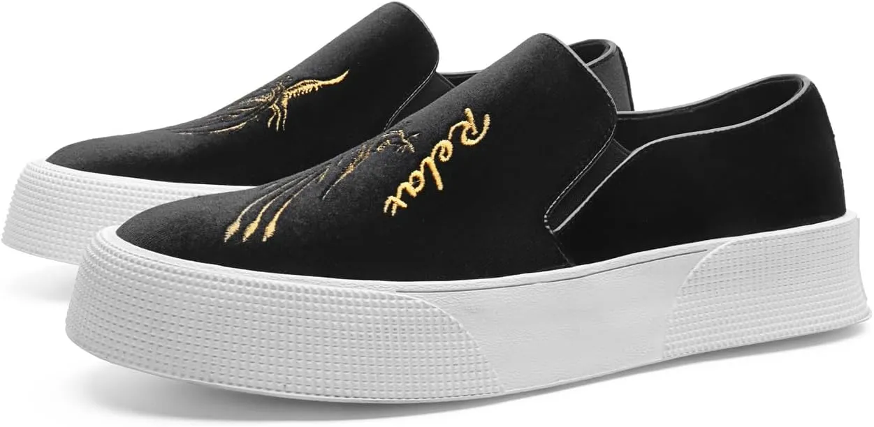 Santimon Men's Velvet Loafers Embroidery Phoenix Relax Chunky Sole Slip On Shoes