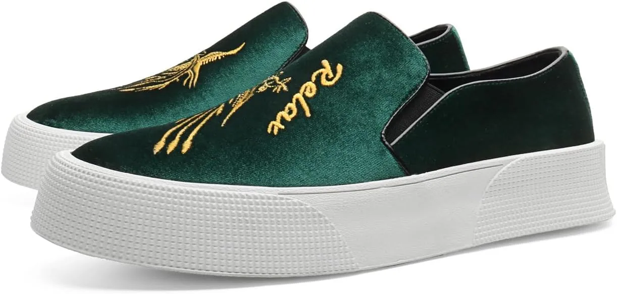 Santimon Men's Velvet Loafers Embroidery Phoenix Relax Chunky Sole Slip On Shoes