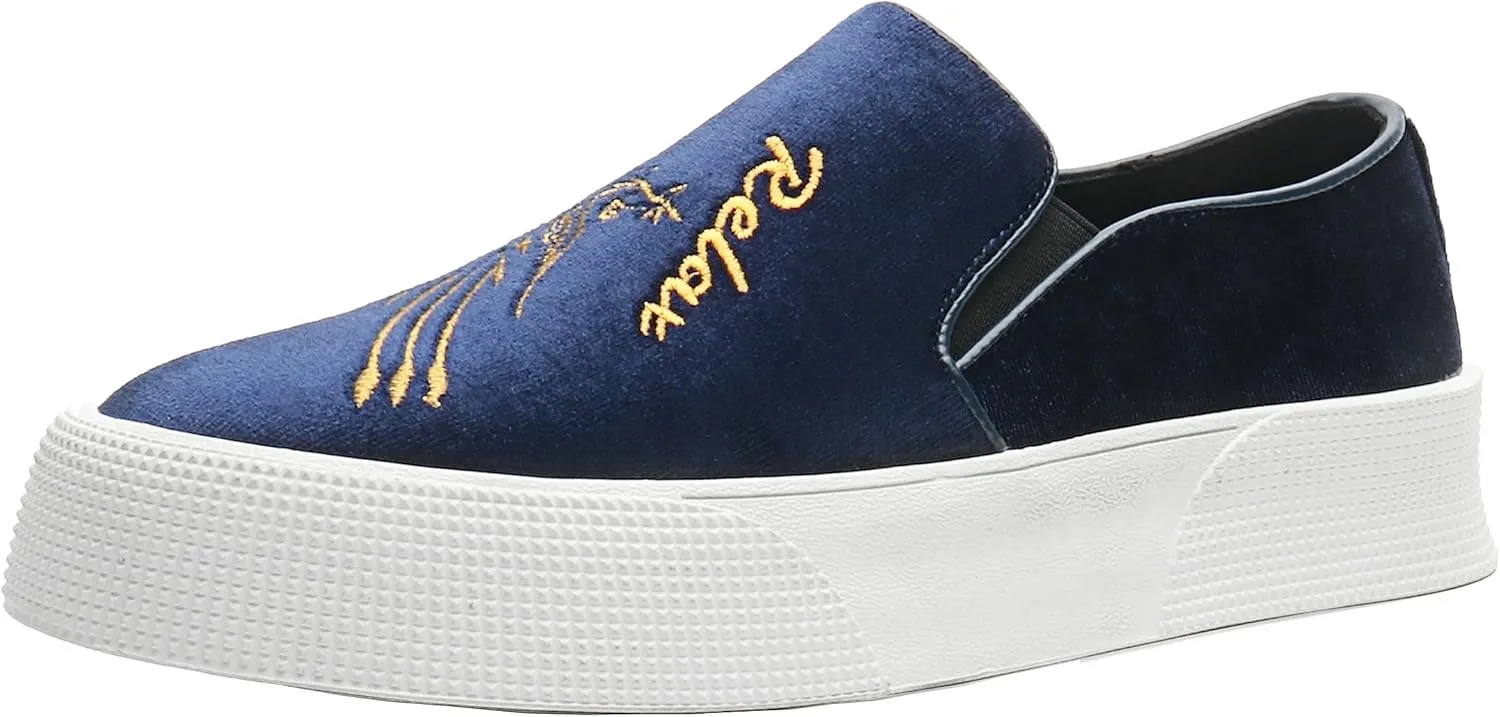 Santimon Men's Velvet Loafers Embroidery Phoenix Relax Chunky Sole Slip On Shoes