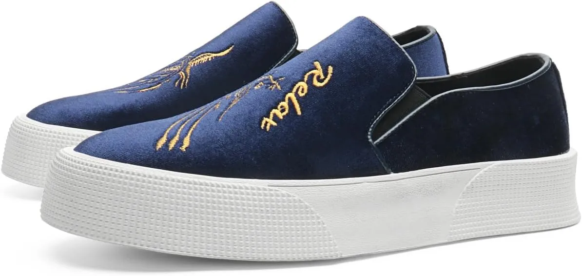 Santimon Men's Velvet Loafers Embroidery Phoenix Relax Chunky Sole Slip On Shoes