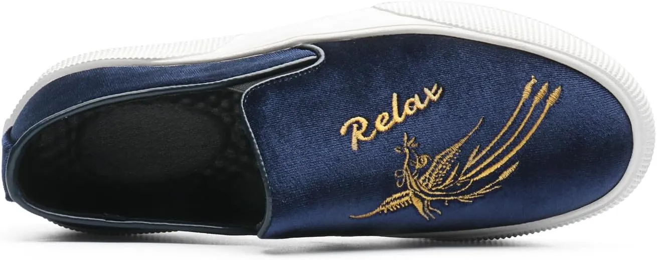 Santimon Men's Velvet Loafers Embroidery Phoenix Relax Chunky Sole Slip On Shoes