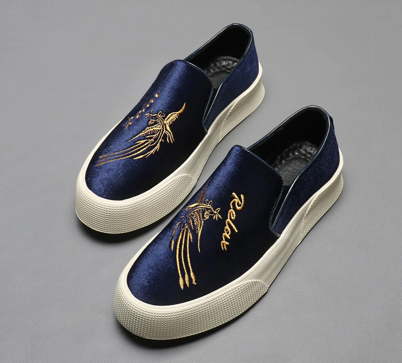 Santimon Men's Velvet Loafers Embroidery Phoenix Relax Chunky Sole Slip On Shoes