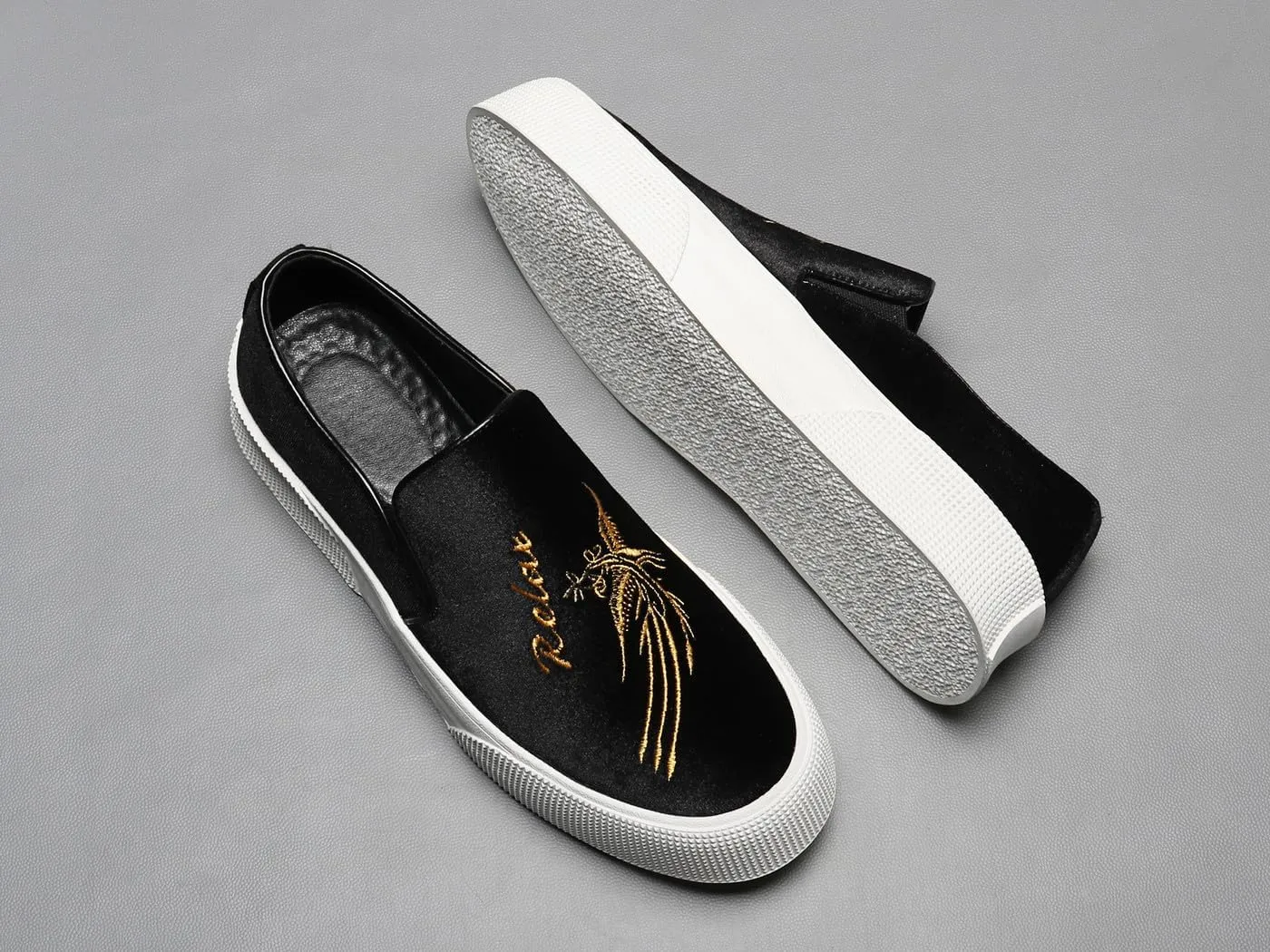 Santimon Men's Velvet Loafers Embroidery Phoenix Relax Chunky Sole Slip On Shoes