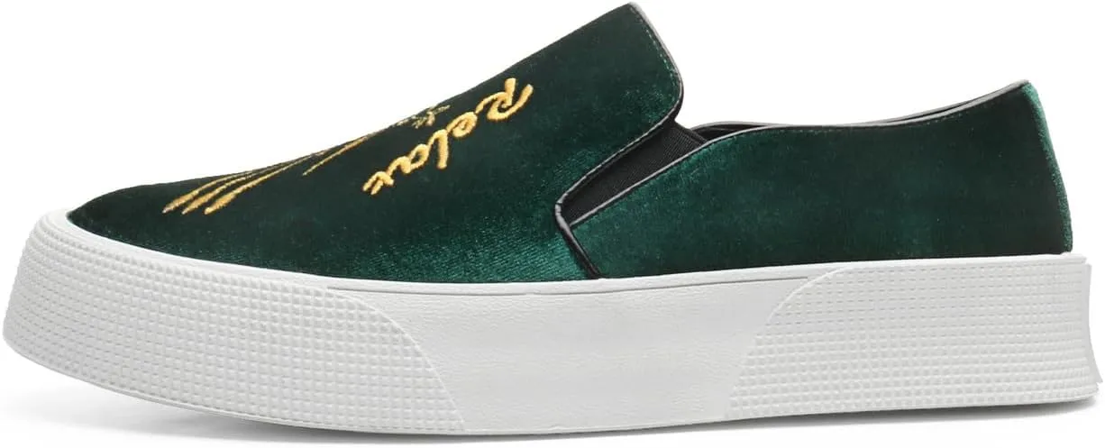 Santimon Men's Velvet Loafers Embroidery Phoenix Relax Chunky Sole Slip On Shoes
