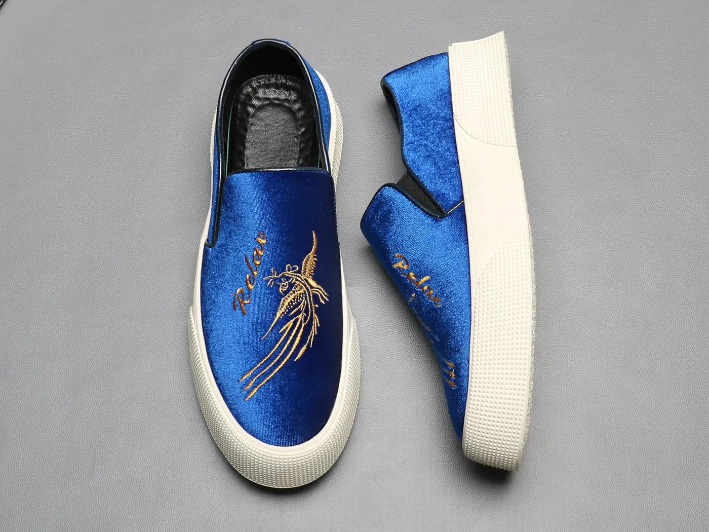 Santimon Men's Velvet Loafers Embroidery Phoenix Relax Chunky Sole Slip On Shoes