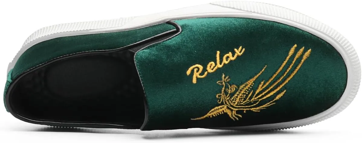 Santimon Men's Velvet Loafers Embroidery Phoenix Relax Chunky Sole Slip On Shoes