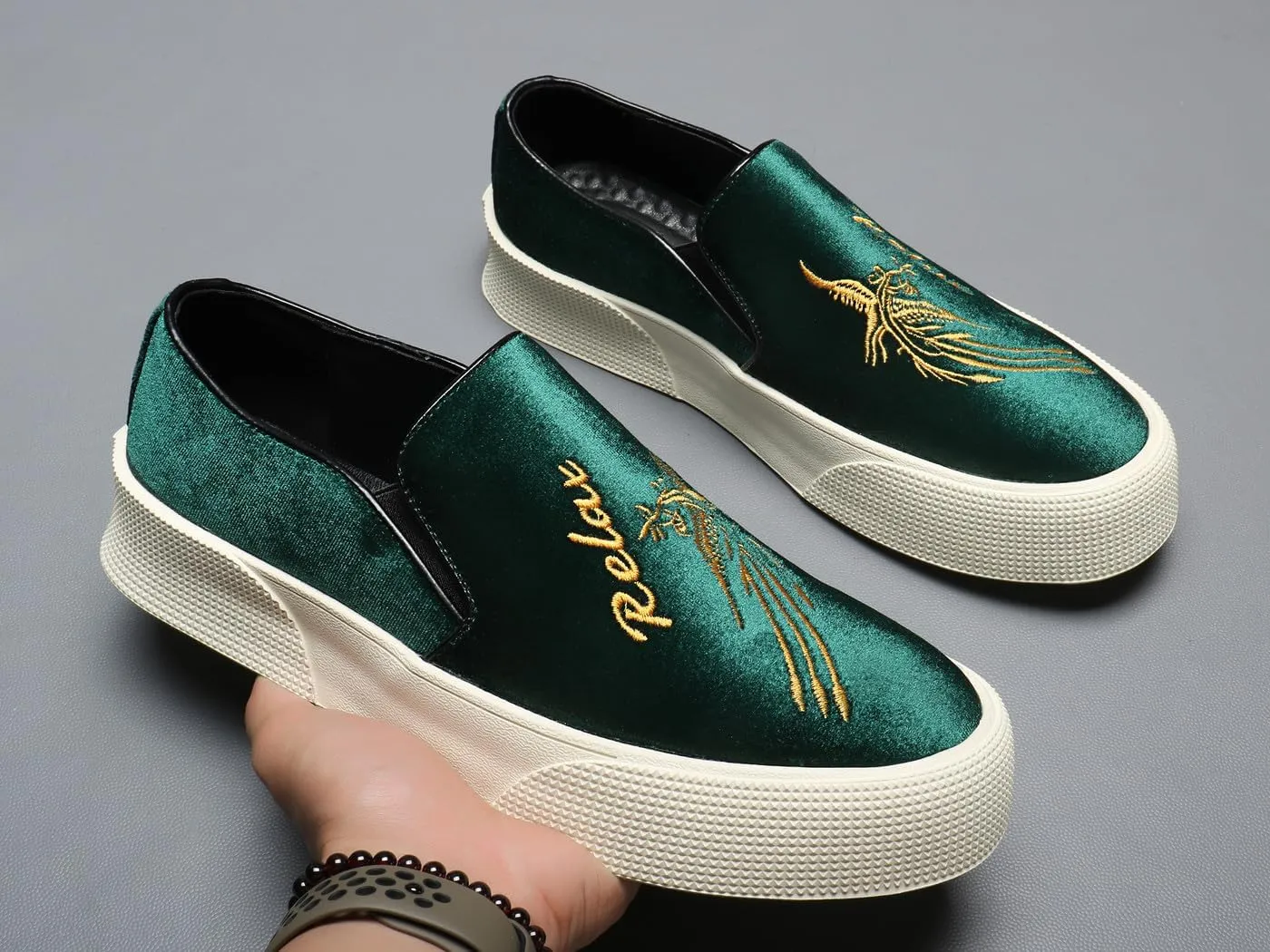 Santimon Men's Velvet Loafers Embroidery Phoenix Relax Chunky Sole Slip On Shoes