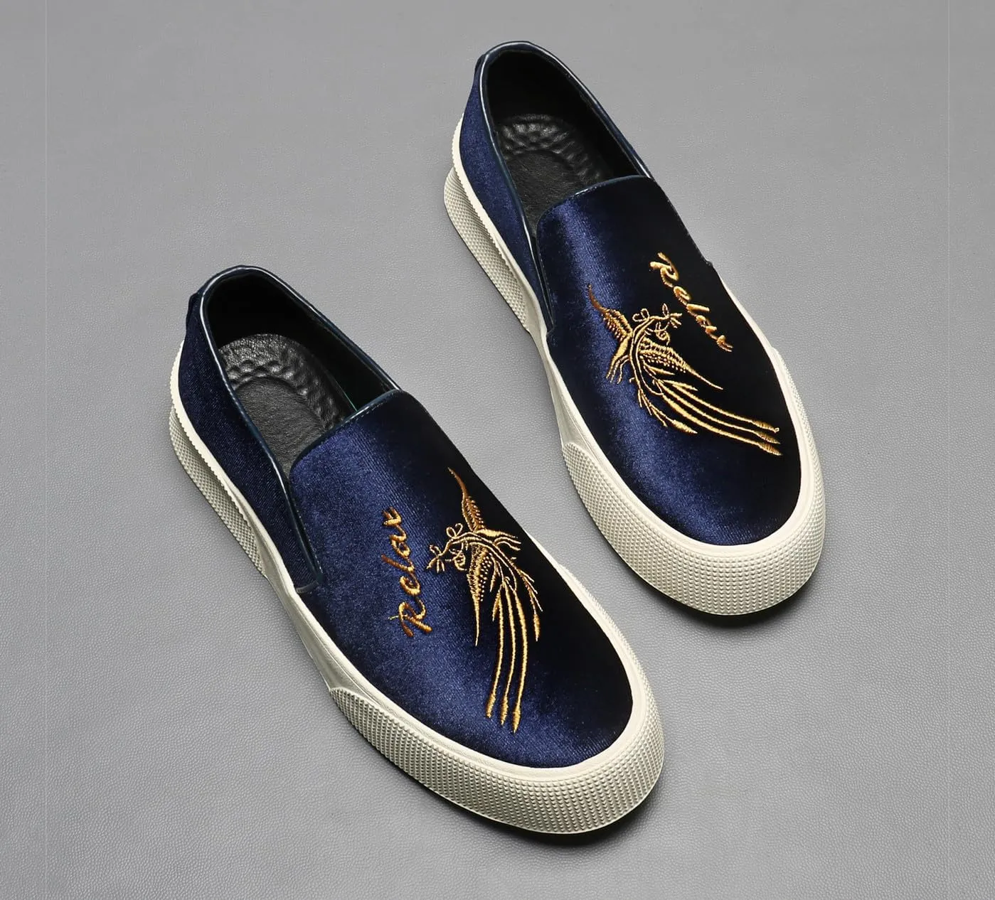 Santimon Men's Velvet Loafers Embroidery Phoenix Relax Chunky Sole Slip On Shoes