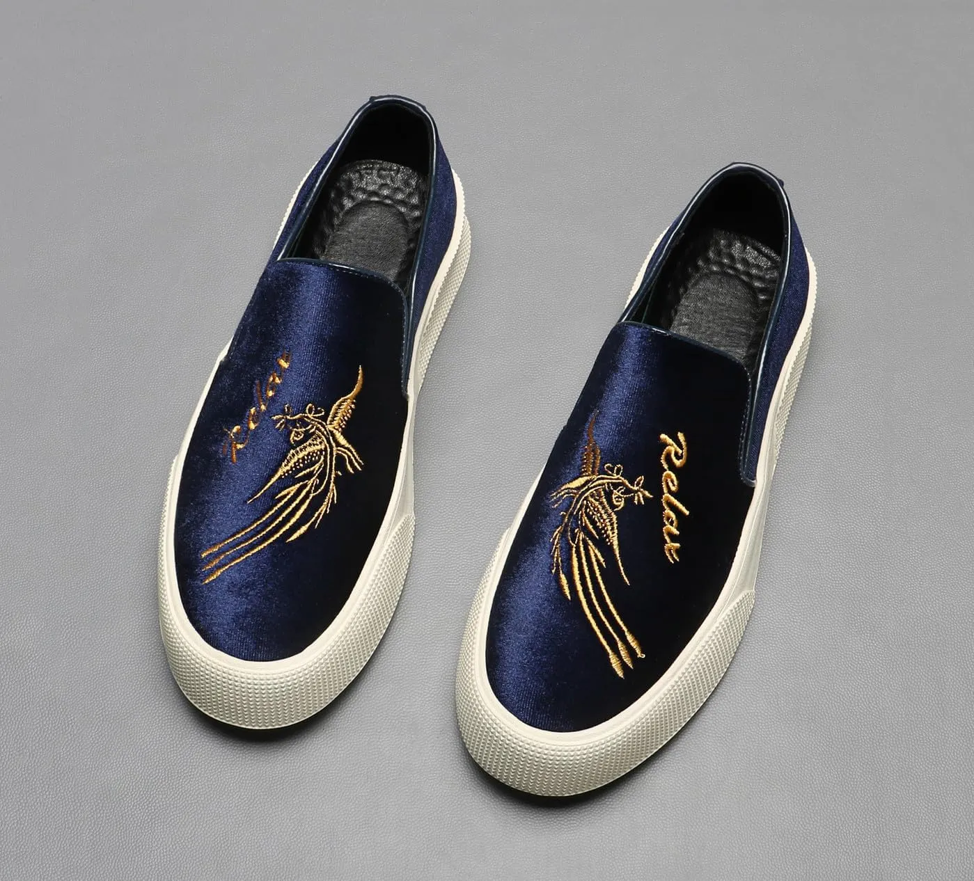Santimon Men's Velvet Loafers Embroidery Phoenix Relax Chunky Sole Slip On Shoes